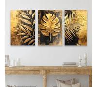 LIMAIDUO Póster abstracto de hojas tropicales doradas y elegante impresión botánica clásica de jungla dorada, pintura en lienzo, decoración, 60 x 80 cm x 3, sin marco