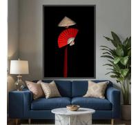 LIMAIDUO Póster de moda con sombrero de bambú y abanico colorido, pintura en lienzo con fondo negro, arte de cultura oriental, decoración de pared (70 x 100 cm/sin marco)