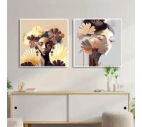 LIMAIDUO Póster e impresión de retrato de mujer con flores abstractas, pintura en lienzo, arte de pared bohemio, imágenes para sala de estar, decoración del hogar, 50 x 50 cm x 2 marcos