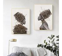 LIMAIDUO Retrato de mujer africana abstracta, pintura artística sobre lienzo, carteles e impresiones, imágenes de pared de niña negra de color marrón oscuro, decoración de 80 x 120 cm x 2 sin marco