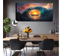 LIMAIDUO Un lienzo vintage con estampado de olas, estilo Art Déco, arte mural de costa con barco al atardecer, patrón sólido, técnica de tinta, paisaje (50x100cm/sin marco)