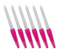 Limas de uñas de metal con punta afilada de acero inoxidable, mango antideslizante, lima de uñas de doble cara grano de zafiro para uñas naturales, limas de uñas metálicas, color rosa (6 unidades)