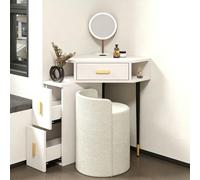 LIMENQIN Escritorio de Tocador Esquinero para Dormitorio, Tocador Maquillaje con Orificio para Cables, Vanity Maquillaje con Espejo y Taburete, con Cajones y Almacenamiento Abierto(White)
