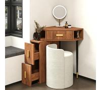 LIMENQIN Escritorio de Tocador Esquinero para Dormitorio, Tocador Maquillaje con Orificio para Cables, Vanity Maquillaje con Espejo y Taburete, con Cajones y Almacenamiento Abierto(Brown)