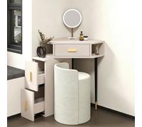 LIMENQIN Escritorio de Tocador Esquinero para Dormitorio, Tocador Maquillaje con Orificio para Cables, Vanity Maquillaje con Espejo y Taburete, con Cajones y Almacenamiento Abierto(Gray)