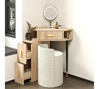 LIMENQIN Escritorio de Tocador Esquinero para Dormitorio, Tocador Maquillaje con Orificio para Cables, Vanity Maquillaje con Espejo y Taburete, con Cajones y Almacenamiento Abierto(Natural)