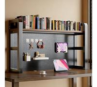 LIMENQIN Estantería Escritorio con Tablero Perforado, Estantería Organizador Libros Que Ahorra Espacio, Estante de Almacenamiento y Exposición Multiusos, Estructura Metálica(Brown,2 Tier 80cm/31.5in)