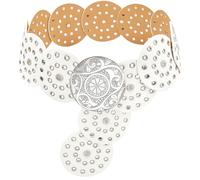 LIMHOO Cinturón ancho de disco para mujer, de cuero, hueco, redondo, bohemio, occidental, B Plata Blanco, XL: 150cm/59.1in