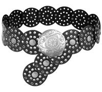 LIMHOO Cinturón ancho de disco para mujer, de cuero, hueco, redondo, bohemio, occidental, Un negro plateado, L: 135cm/53.1in