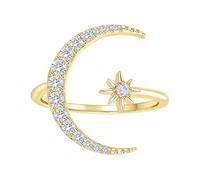 LiMinM Moda Mujer S925 Estrella Luna Incrustaciones Zirconia Anillo Abierto Oro Plata Ajustable Dedo índice Anillo Accesorios de Mano(Golden)