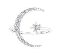 LiMinM Moda Mujer S925 Estrella Luna Incrustaciones Zirconia Anillo Abierto Oro Plata Ajustable Dedo índice Anillo Accesorios de Mano(White Golden)