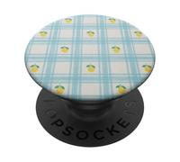 Limón Gingham Azul Patrón Amarillo Fruta Verano Gingham Azul PopSockets PopGrip Adhesivo