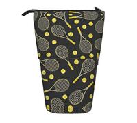 LimPac Estuche telescópico con estampado de raquetas de tenis y pelotas de tenis, bolsa de papelería de pie, soporte retráctil para bolígrafos con cremallera, Black, Talla única, Art Eeco