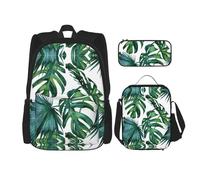 Limpac Mochila de viaje con diseño de hojas de plátano verde, caja de almuerzo, juego de estuche, bonita resistente al agua, ligera, color negro, Negro -, Talla única