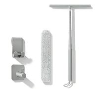 Limpiacristales de ducha con mango largo, 29 - 120 cm, con mango telescópico, juego de limpiacristales de ducha, con soporte, extractor de suelo para baño, azulejos, espejo (gris claro)