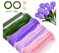 Limpiador de pipas de flores, juego de manualidades, limpiador de pipas para manualidades, 4 colores, con 20 hilos verdes para manualidades, cinta adhesiva, proyectos de bricolaje como flores secas