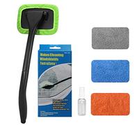Limpiador de ventanas de coche, herramienta de limpieza de microfibra con 4 almohadillas de tela lavables y reutilizables, mango extensible y botella de spray para limpiaparabrisas, coche