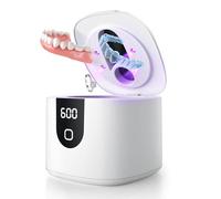 Limpiador ultrasónico mejorado, eficiencia 2x, máquina limpiadora de dentaduras postizas de 45 kHz con luces UV y 4 modos de limpieza, funda limpiadora de retención para alineador, protector nocturno