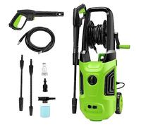 Limpiadora de Alta presión COOCHEER con enrollador de Manguera| 230V 2200W | caudal máx.: 450 l/h| 170Bar| 5m de tubería de Agua a Alta presión + 5m de Cable de Red，Depósito de detergente de 500ml