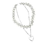 Limtula Collar artístico de cuentas de doble capa, dije de corazón irregular retro, accesorio de joyería de para atuendo informal Collar de cuentas de corazón irregular retro francés