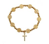 Limtula Pulsera de aleación de cadena de cuentas de rosario católico religioso dorado para mujer con crucifijo y medalla, regalo de joyería, colgante de cruz de Jesús