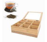 LIN HOME Cajita de Madera y Bambú con Tapa de Cristal con 9 Compartiments para Bolsas de Té o Sobres de Azúcar,Cuadrado