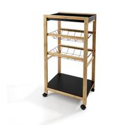 LIN HOME Carrito de Cocina Auxiliar de Madera y Bambu 35x24.5x86cm con Ruedas, 2 Estantes de Madera + 2 Cestas de Metal Extraibles Color Natural y Negro