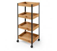 LIN HOME Carrito Organizador de 4 Niveles con Bandejas de Bambú y Bastidor Metálico Negro, Mueble Auxiliar con Ruedas para Cocina, Dormitorio, Baño y Despacho,35x25x95cm,XZ-22229
