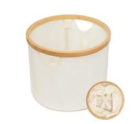 LIN HOME Cesto de Tela Plegable Blanco para Ropa Sucia Redondo 30x24.5cm con Asa de Bambú - Cesta Organizadora Multiuso para Ropas, Lavadero Baño Dormitorio