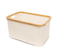 LIN HOME Cesto de Tela Plegable Blanco para Ropa Sucia Retangulo 45x30x24.5cm con Asa de Bambú - Cesta Organizadora Multiuso para Ropas, Lavadero Baño Dormitorio