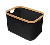 LIN HOME Cesto de Tela Plegable Negro para Ropa Sucia Rectangulo 38x26x23cm con Asa de Bambú - Cesta Organizadora Multiuso para Ropas, Lavadero Baño Dormitorio
