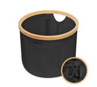 LIN HOME Cesto de Tela Plegable Negro para Ropa Sucia Redondo 30x24.5cm con Asa de Bambú - Cesta Organizadora Multiuso para Ropas, Lavadero Baño Dormitorio