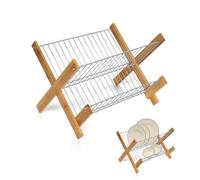 LIN HOME Escurridor de Platos de Bambú y Metal, 2 Niveles, 38 x 33 x 27 cm, Plegable, Estructura Estable (M1)