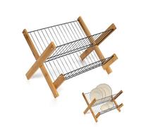 LIN HOME Escurridor de Platos Plegable 2 Niveles XZ-23194, Bambú y Metal, Estructura Estable, Compacto 38x33x27 cm, Ideal para Cocina Ordenada y Duradera