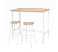 LIN HOME Mesa Alta de Bar con 2 Taburetes, Set 3 Piezas 108x48x91cm, Tablero Natural y Estructura Blanca, Ideal para Cocina y Salón, Diseño Moderno y Resistente