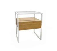 LIN HOME Mesa de Noche con Cajón Madera y Estructura Metal Blanco, Vidrio Templado 43x32x50 cm - Mueble Dormitorio Moderno XZ-22165-1