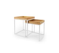 LIN HOME Mesas de Centro Nido XZ-22166-1 Set 2, Cuadradas Bambú y Metal, Estilo Nórdico, Color Blanco, Mesas Auxiliares para Salón, Diseño Moderno y Resistente