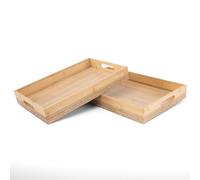 LIN HOME RS02181 Set de 2 Bandejas de Bambú Natural Rectangulares, Bandeja de Sirvir con Asas Doble Diseño y Detalles Geométricos, para Cocina, Mesa y Desayuno