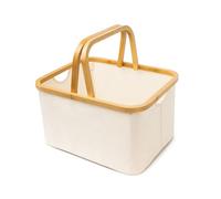 LIN HOME RS22116-1 Cesto de Tela Plegable Blanco para Ropa Sucia Retangulo 33x40.5x23cm con Asa de Bambú - Cesta Organizadora Multiuso para Ropas, Lavadero Baño Dormitorio