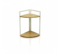 LIN HOME XZ-22122 Estante de Esquina de 2 Niveles con Marco de Metal Blanco y Baldas de Madera, Repisa Curva para Cocina, Estudio, Baño y Salón, Solución de Almacenaje para Rincones
