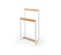 LIN HOME XZ-22179-1 Perchero Independiente de Bastidor Metálico Blanco y Barras de Bambú Natural, Soporte Doble para Toallas y Prendas para Baño, Entrada, Dormitorio y Salón 41x18x80cm