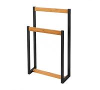 LIN HOME XZ-22179 Perchero de pie de Metal Negro y Listones de bambú, Soporte para Toallas y Ropa Multiusos para baño, Entrada, Dormitorio y salón 41x18x80cm