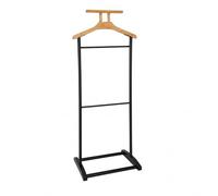 LIN HOME XZ-22183 Perchero de Pie de Metal Negro y Madera Natural, Soporte para Abrigos y Pantalones para Dormitorio, Recibidor y Oficina 45x28x109cm