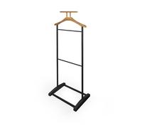 LIN HOME XZ-22183 Perchero de Pie de Metal Negro y Madera Natural, Soporte para Abrigos y Pantalones para Dormitorio, Recibidor y Oficina 45x28x109cm
