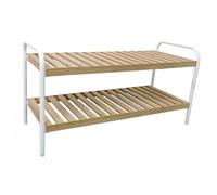 LIN HOME XZ-23242 Estantería de 2 Niveles con Estructura de Metal Blanco y Tableros de Abeto - 70.5×28×36.5 cm - Organizador Multiuso