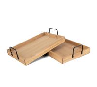 LIN HOME XZ-23281+XZ-23282 Bandejas de Madera Rectangulares con Asas Metálicas Negras, Set de 2, Organizadores Multiusos Estilo Rústico Natural para Salón, Cocina, Dormitorio y Despacho