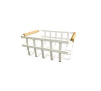 LIN HOME XZ-23326 Cesta Organizadora de Metal con Asas de Madera - Cesta Decorativa Blanca 35×22×15.5 cm, Ideal para Cocina, Frutas, Pan o Baño - Diseño Moderno y Minimalista