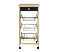 LIN HOME XZ-24761 Carrito de Cocina Auxiliar de Madera y Bambu 35x36x74.5cm con Ruedas, 1 Cajon de Madera + 3 Cesta Extraibles - Color Natural y Negro