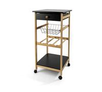 LIN HOME XZ-24763 Carrito de Cocina Auxiliar de Madera y Bambu 35x36x74.5cm con Ruedas, 2 Estantes de Madera + 1 Cesta Extraibles + 1 Cajon + 1 Botellero- Color Natural y Negro