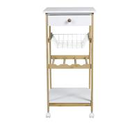 LIN HOME XZ-24764 Carrito de Cocina Auxiliar de Madera y Bambu 35x36x74.5cm con Ruedas, 2 Estantes de Madera + 1 Cesta Extraibles + 1 Cajon + 1 Botellero- Color Natural y Blanco